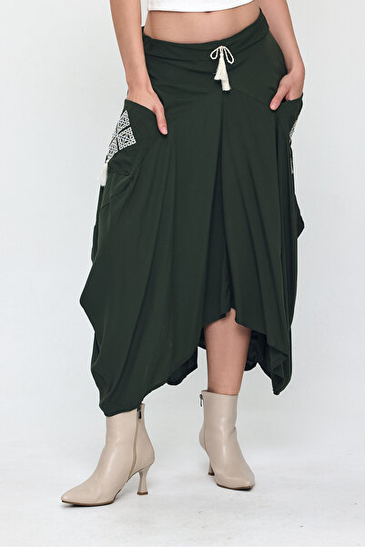 Denismoda Γυναικεία ελαστική μέση με κέντημα με λεπτομέρεια με κορδόνια αυθεντική φούστα φαρδιά