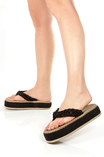YASEMİN Women's Black Glitter Rope Flip Flops Black Sole Flat Heeled Straw Slippers - Wonder