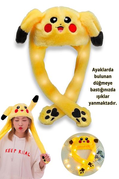 ALFAGİFT Pokemon Pikachu Plush Toy Hat - Led Light, Moving Ears, Fun Design with Paws