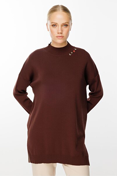 Ghisa Harf İşlemeli Triko Tunik - KAHVERENGİ