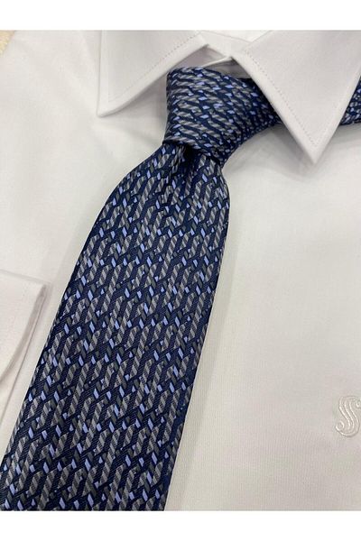 Cacharel Navy Grey Tie with Woven Fabric Pattern