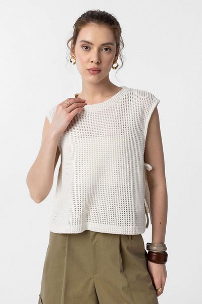 Antioch Ecru Lace-Up Knitted Textured Women's Top
