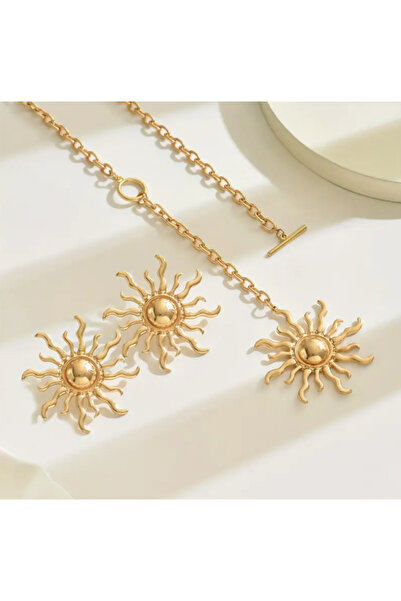 SE Jewellery Collection Selin Ersoy Gold Dekolte Güneş Kolye Küpe Set Şık Kadın Kolye Küpe Set