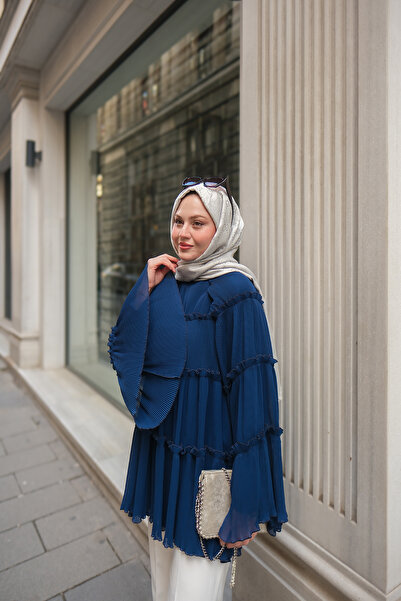 LOCCO Women's Layered Ruffled Chiffon Blouse Navy Blue