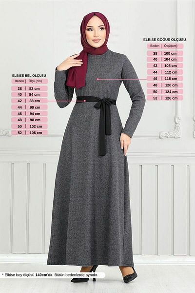 ModaMerve Φόρεμα με μοτίβο ψαροκόκαλο με ζώνη - 22033ukb929-m Anthracite