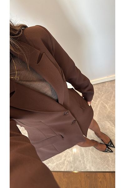 sinemkivanc co Bitter Brown Button Detailed Waist Fitted Skirt Set