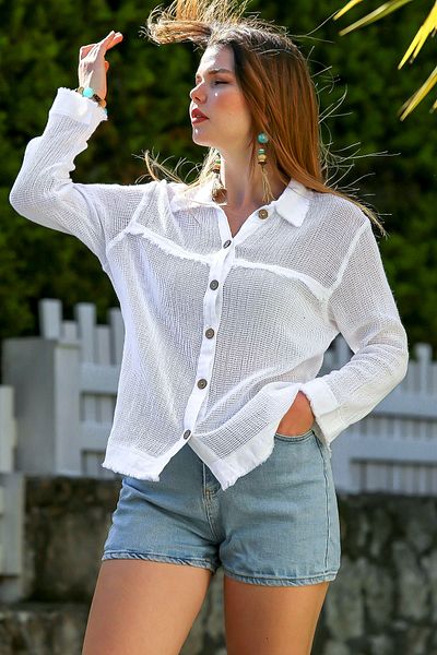 Chiccy Cămașă albă - Mânecă lungă, cu nasturi, spălat, ocazional, guler țesut, cusătură murdară 69 62