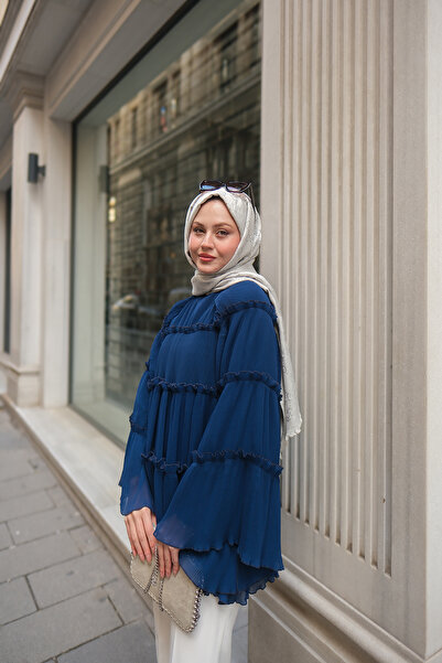 LOCCO Women's Layered Ruffled Chiffon Blouse Navy Blue