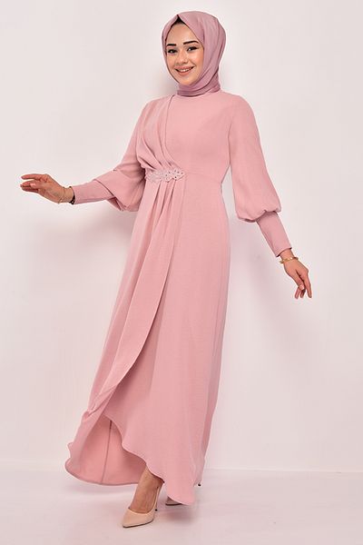 ModaMerve Powder Color Stone Detailed Evening Dress - Asm2569