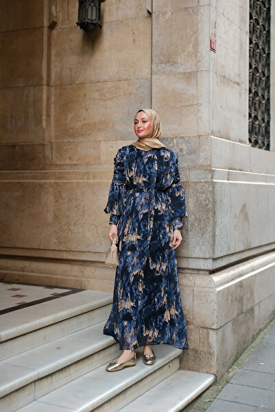 LOCCO Women's Printed Patterned Digital Dress Navy Blue