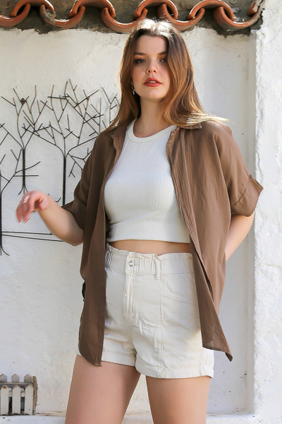 Chiccy Ανοιχτό καφέ πουκάμισο με κοντό μανίκι χωρίς κάλυμμα που πλένεται μπροστά με δεμένο κόμπο Casual υφαντή μπλούζα 62 67