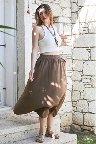 Chiccy Ανοιχτό καφέ ελαστική φούστα casual μεσαίου μήκους με κρυφή τσέπη που πλένεται