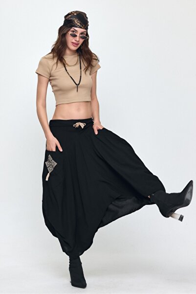 AYASOFYA OTANTIK Women's Black Elastic Waist Ethnic Embroidery Detailed Pocket Skirt