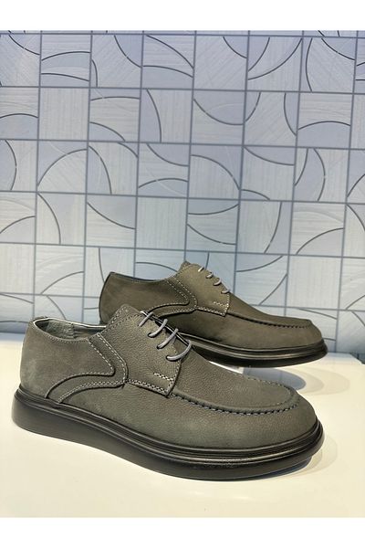 Anıl Ayakkabı St 420 Men's Gray Smoked Nubuck Genuine Leather Daily Casual Lace-Up Loafer Shoes