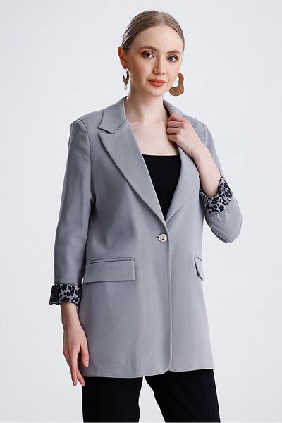 MD trend Women's Leopard Detailed Buttoned Lined Padded Blazer Jacket