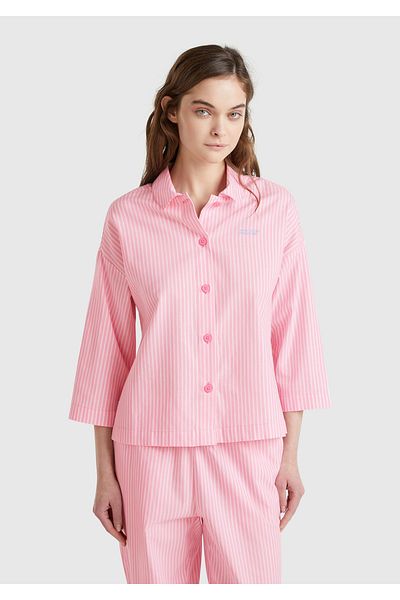 United Colors of Benetton Top de pijama cu mânecă scurtă, cu mânecă scurtă, cu logo, 100% bumbac, roz pentru femei