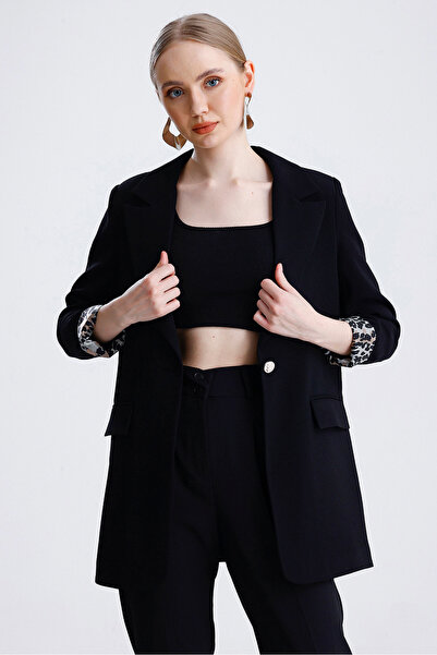 MD trend Women's Leopard Detailed Buttoned Lined Padded Blazer Jacket