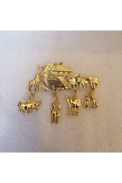 Butik Tülin Unisex otantik altın metal nuhun gemisi sallanan hayvanlı broş 6....