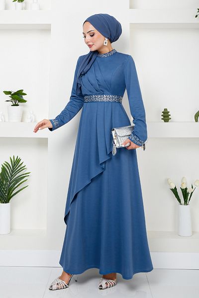 ModaMerve Indigo Hijab Φόρεμα - Ζώνη με στρας, Αριθμός μοντέλου: 268DVL897-M
