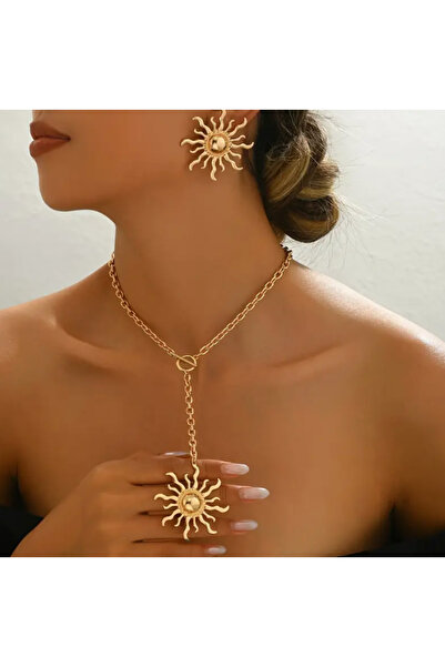 SE Jewellery Collection Selin Ersoy Gold Dekolte Güneş Kolye Küpe Set Şık Kadın Kolye Küpe Set