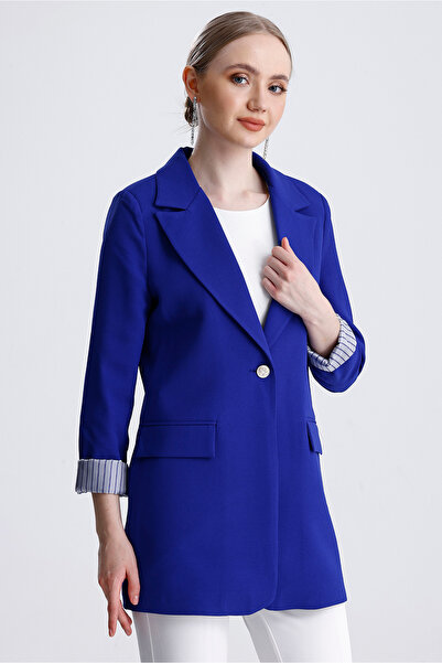 MD trend Women's Striped Sleeve Folded Padded Buttoned Blazer Jacket