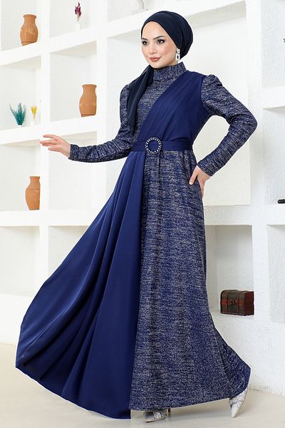 ModaMerve Βραδινό φόρεμα Navy Blue Glitter - ASM2538