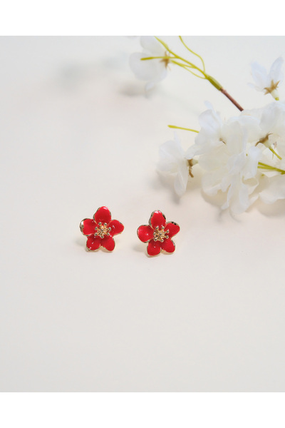 AURRARİ Altın Kaplama Kırmızı Sakura Çiçeği Küpe