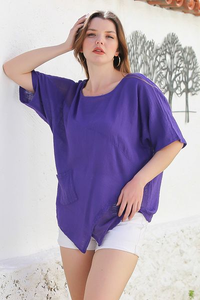 Chiccy Μωβ γιακάς πισίνας με τσέπες με λεπτομέρεια από δίχτυ που πλένεται casual ασύμμετρη υφασμένη μπλούζα 70 65