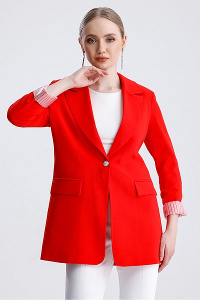 MD trend Women's Striped Sleeve Folded Padded Buttoned Blazer Jacket