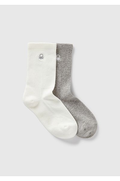 United Colors of Benetton Boy's Gray-White Logo Embroidered Set of 2 Long Socks