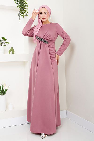 ModaMerve Βραδινό φόρεμα Dusty Rose Brooch Detailed 5021SL890