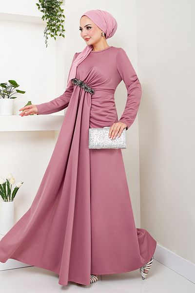 ModaMerve Βραδινό φόρεμα Dusty Rose Brooch Detailed 5021SL890