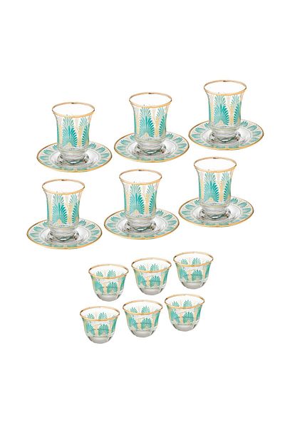 BYBLOSS Saudi tea and coffee set made of Turkish glass with green engraving, consisting of 6 cups + 6 saucers + 6 coffee cups