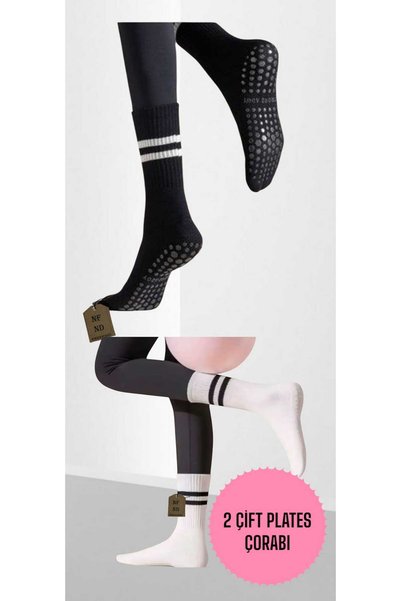 NF ND ENEFENDİ 2 Pairs Yoga Pilates Socks Women's Non-Slip Silicone Sole Cotton Socket Tennis Socks Towel Black White.