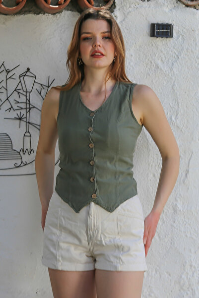 Chiccy Khaki V-Neck Buttoned Washable Handle Casual Fitted Woven Vest 55 45