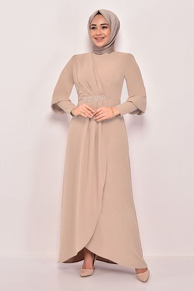 ModaMerve Cream Evening Dress - Stone Detailed, Asm2569 Model