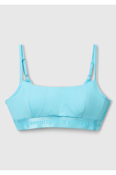 United Colors of Benetton Top de bikini cu bretele reglabile, cu logo-ul amestecat de bumbac albastru pentru femei