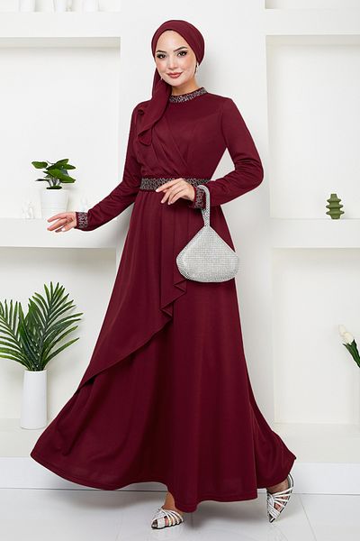 ModaMerve Claret Red Hijab Φόρεμα - Ζώνη με στρας, Μοντέλο No: 268DVL897-M