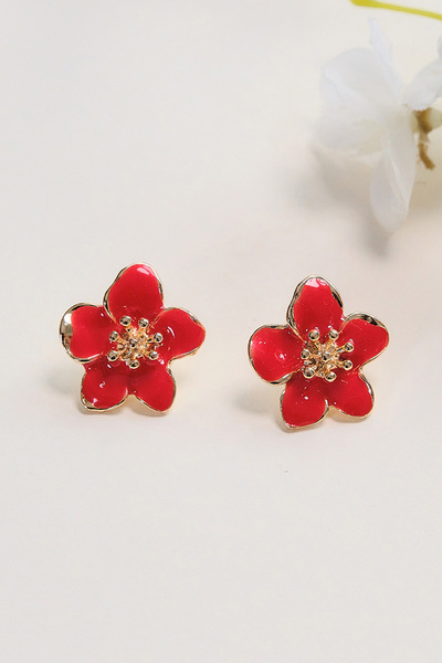 AURRARİ Altın Kaplama Kırmızı Sakura Çiçeği Küpe