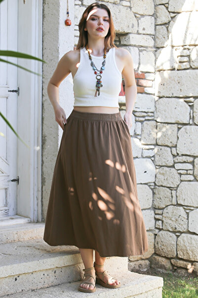 Chiccy Ανοιχτό καφέ ελαστική φούστα casual μεσαίου μήκους με κρυφή τσέπη που πλένεται