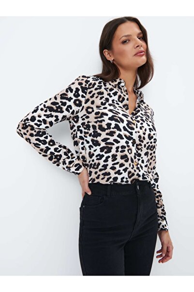 Ma-İm Gömlek Yaka Leopar Desenli Regular Fit Leopar Renk Kadın Gömlek