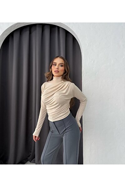 RESSHO Krem Büzgülü Bluz