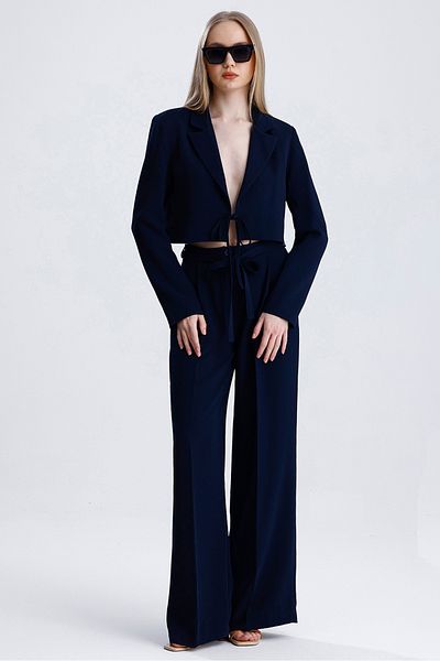 MD trend Women's Tied Crop Jacket and Belted Palazzo Trousers Two Piece Set