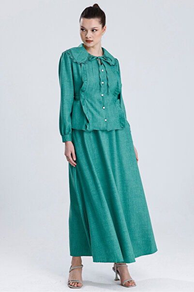 MD trend Women's Baby Collar Lace Detailed Tie-Up Blouse and Bell Skirt Double Linen Set