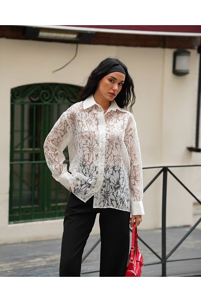 LOISY Cămașă cu mânecă lungă cu imprimeu floral transparent pentru femei