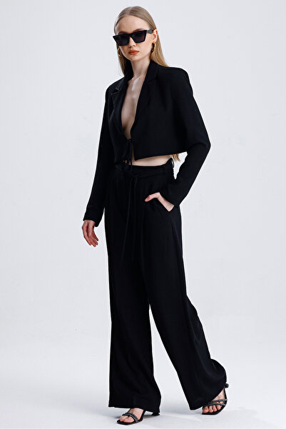 MD trend Women's Tied Crop Jacket and Belted Palazzo Trousers Two Piece Set