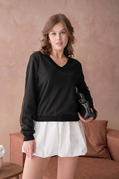 Park Karon Kadın V Yaka Tül Detay Uzun Kol Triko Kazak