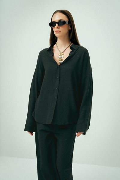 Wear Three Points Noir - Oversize Fit Linen Black Shirt with Long Sleeves and Cuffs