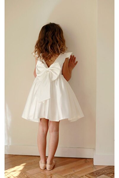 Mislina Girl's White Pearl Back Bow Design Dress