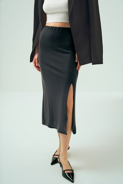 Wear Three Points Spirit - Anthracite Corded Modal Midi Skirt with Slit Detail, Comfort Fit